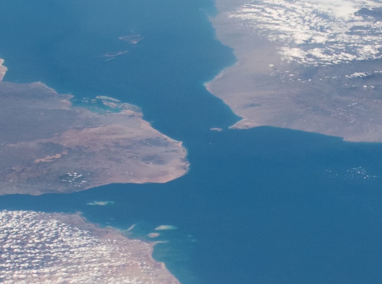 Satellite view of the Bab el-Mandeb strait between Yemen and the Horn of Africa