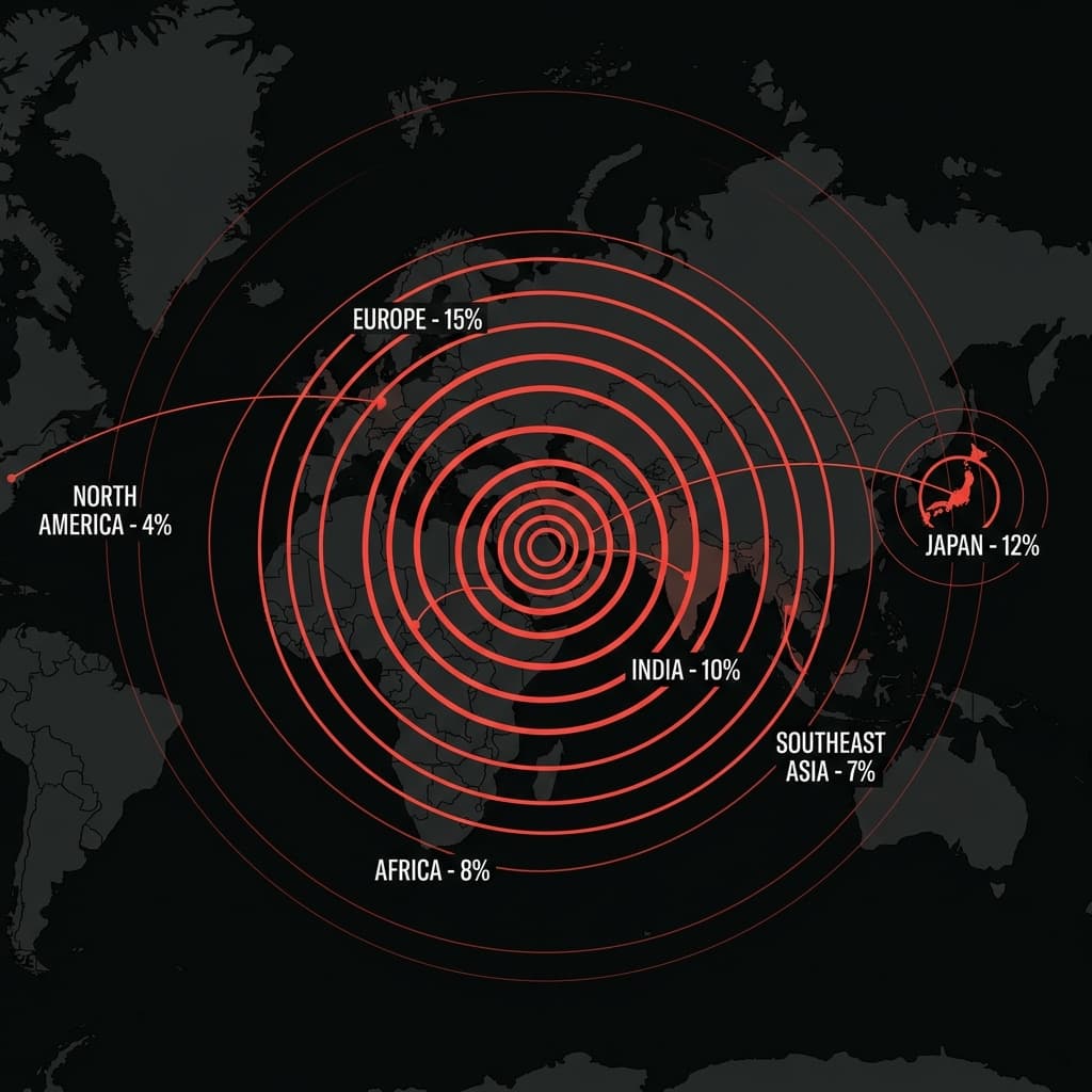 World map showing economic ripple effects radiating from the Middle East to Europe, Japan, India, and beyond