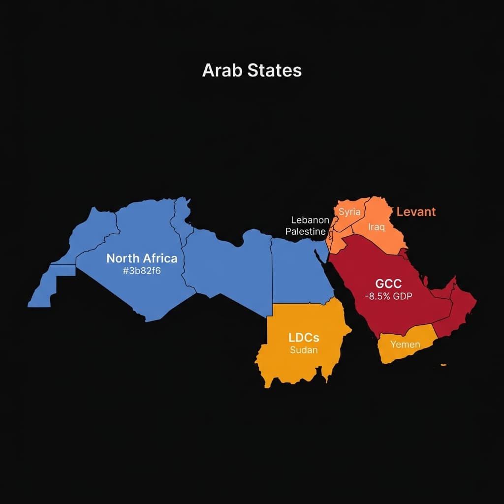Map of the Arab States region divided into four sub-regions: GCC, Levant, North Africa, and LDCs