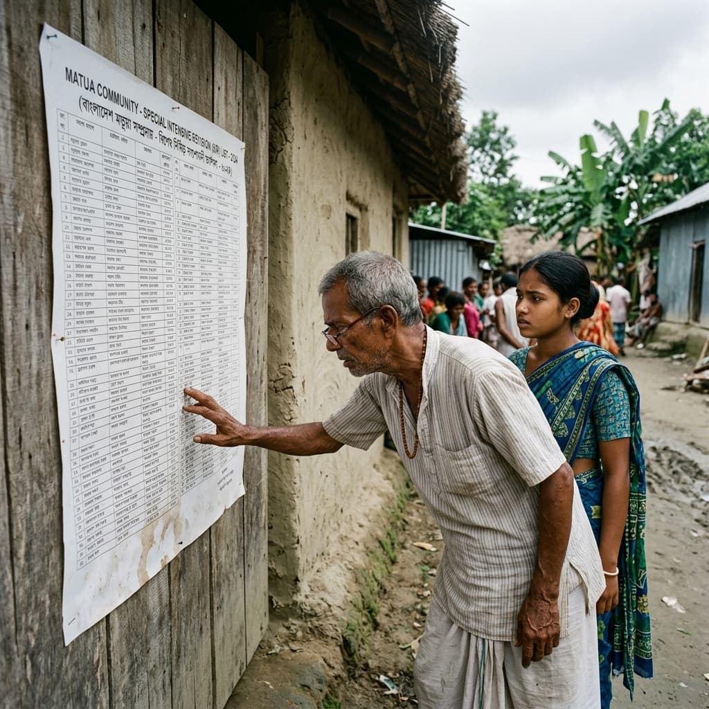 Voters checking electoral roll lists in rural West Bengal after SIR voter deletions in 2026