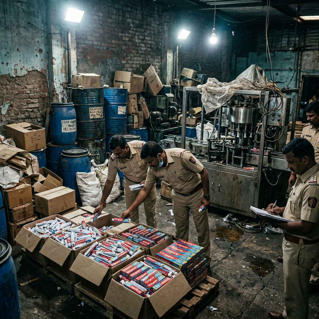 Indian police officers in uniform inspecting seized counterfeit toothpaste tubes and packaging machinery in an unhygienic Delhi warehouse during a Crime Branch raid.