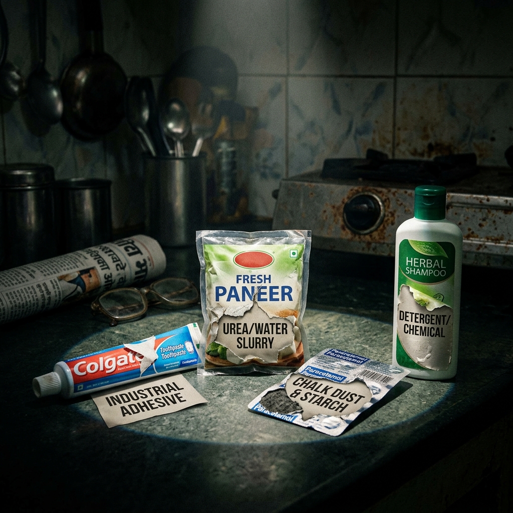 Everyday Indian household products with peeling labels revealing counterfeit versions underneath — toothpaste, paneer, medicines, shampoo.