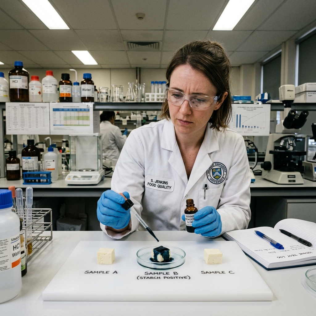 A food scientist in a laboratory testing paneer samples. One sample turns blue-black after an iodine test indicating starch adulteration.