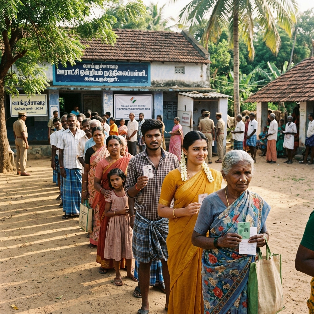 Photo of authentic line of Indian women and youth waiting outside to vote at a rural Tamil Nadu polling station