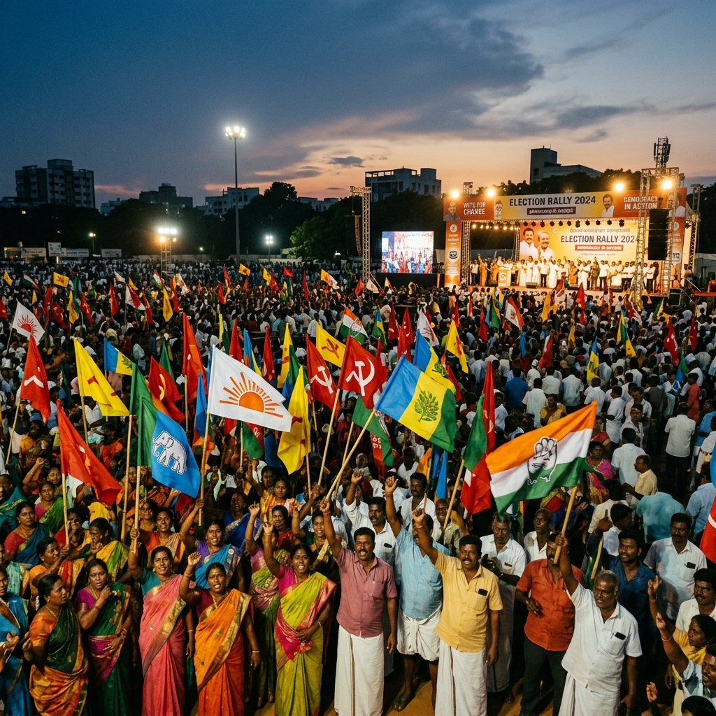 Massive political rally photo showing people waving overlapping party flags at dusk