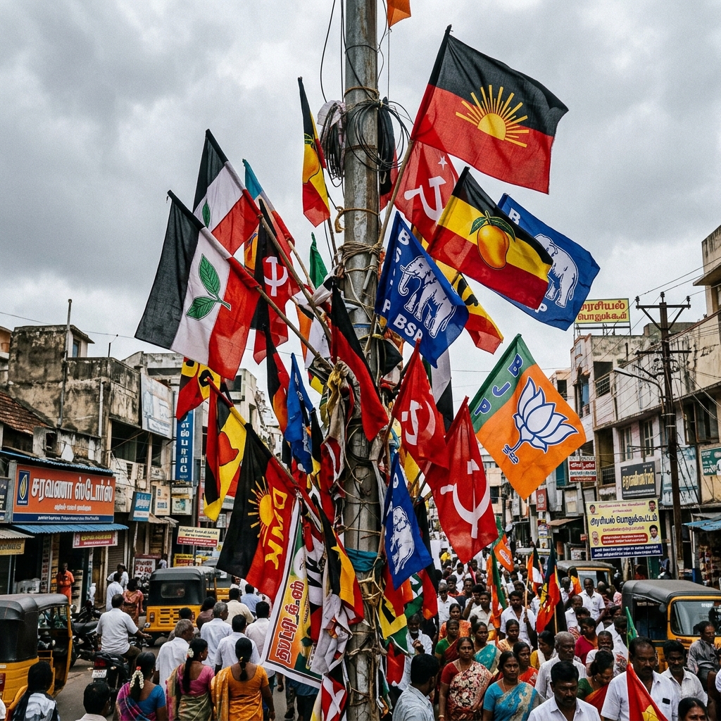 Photo of different political party flags overlapping together on a street pole