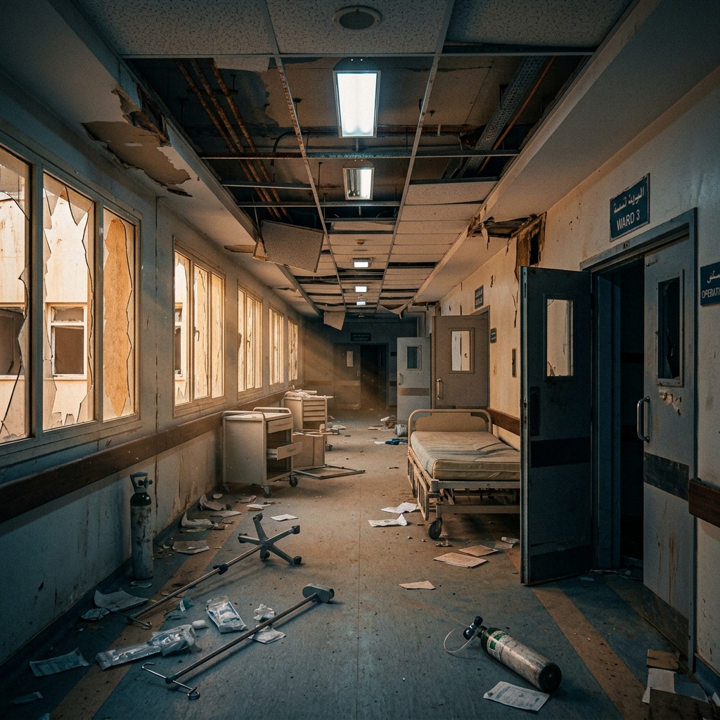 Damaged hospital corridor representing the destruction of healthcare infrastructure in conflict zones