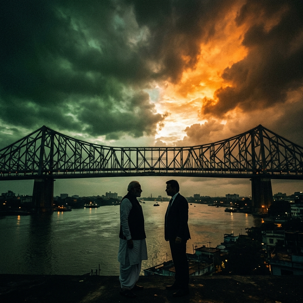 A highly cinematic and dramatic investigative journalism cover photo for the West Bengal 2026 Election. The iconic Howrah Bridge of Kolkata silhouetted against a dual-toned sky of Green and Saffron.