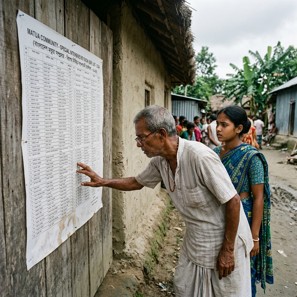 Journalistic photo of an elderly man and a young person in a rural Bengal village looking anxiously at an electoral revision list.