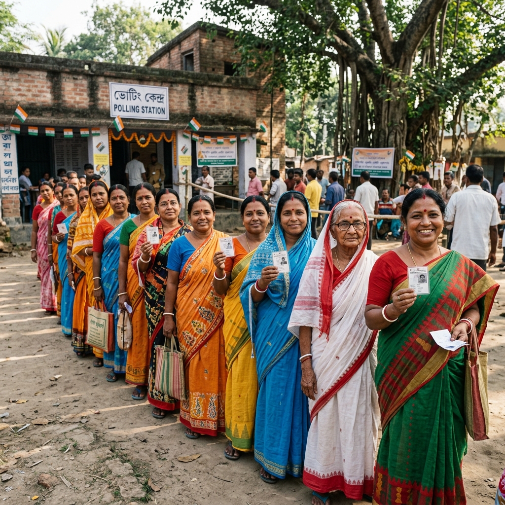 Diverse group of Bengali women standing in a long line at a rural polling station holding voter ID cards.
